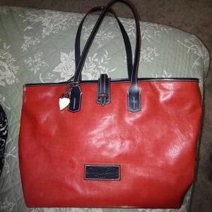 DOONEY & BOURKE Lg Red Coated Canvas Tote Bag w/dark blue leather trim